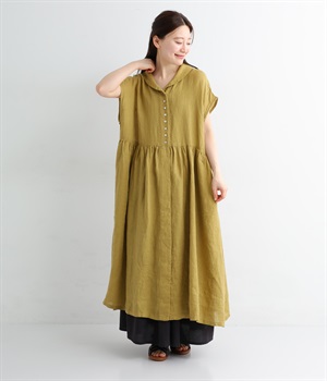 リネンシャンブレー　フレンチスリーブワンピース(マスタード-ONESIZE)