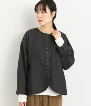 ウールツイードノーカラージャケット(ブラックネイビー-F)