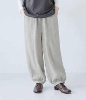 9番手リネン裾ギャザーパンツ(グレージュ-F)