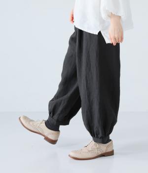 9番手リネン裾ギャザーパンツ(ブラック-F)