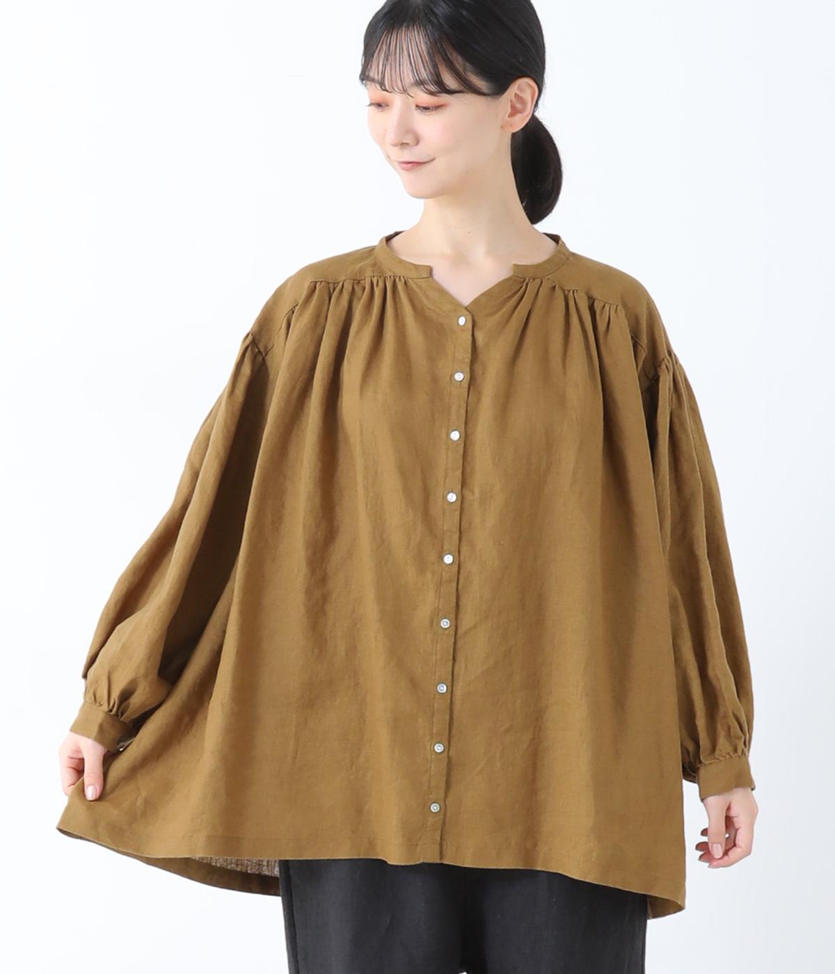 14番手リネンVネックギャザーブラウス（08Mab）の商品詳細