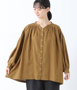 14番手リネンＶネックギャザーブラウス