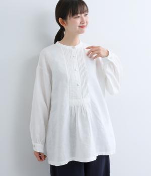 14番手リネンピンタックデザインヘンリーあきブラウス(オフ-F)