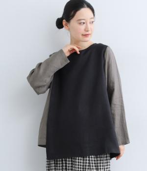 14番手リネン配色重ねプルオーバー(ブラック×チャコール-F)