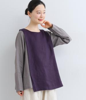 14番手リネン配色重ねプルオーバー(パープル×アッシュグレー-F)