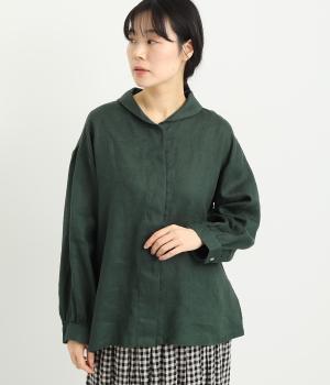14番手リネンラウンド襟比翼あきブラウス(ダークグリーン-F)