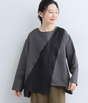 14番手リネンスラッシュ切り替えプルオーバー(アッシュグリーン×ブラック-F)