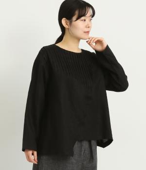 14番手リネンアシンメトリータック切り替えプルオーバー(ブラック-F)