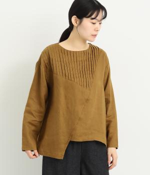 14番手リネンアシンメトリータック切り替えプルオーバー(マスタード-F)