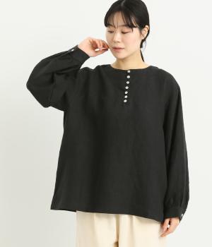 9番手リネン多ボタンブラウス(ブラック-F)