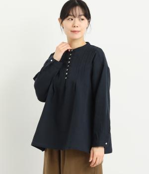 コットンリネンダブルガーゼ多ボタンプルオーバー(ネイビー-F)