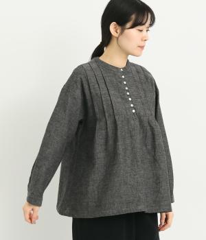 コットンリネンダブルガーゼ多ボタンプルオーバー(グレー-F)