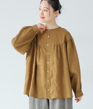 14番手リネンギャザー切り替えボリュームブラウス(マスタード-F)