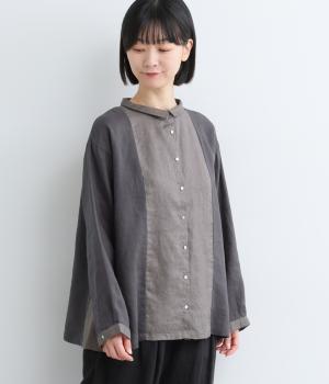 14番手リネン配色切り替えチビ襟シャツブラウス
