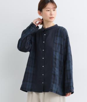 14番手リネン配色切り替えチビ襟シャツブラウス(ネイビー×ネイビーチェック-F)