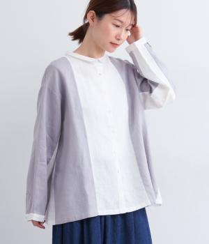 14番手リネン配色切り替えチビ襟シャツブラウス(オフ×スチールグレー-F)