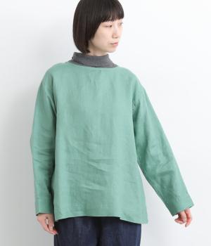 14番手リネン前後着ノーカラーブラウス(ペールブルー-F)