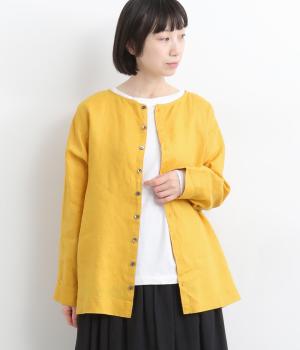 14番手リネン前後着ノーカラーブラウス(イエローマスタード-F)