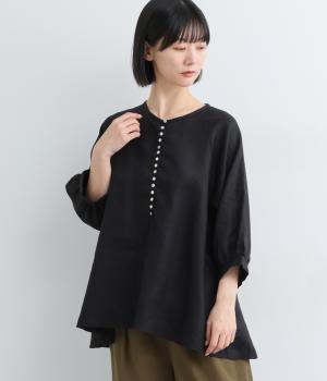 14番手リネン多ボタン7分袖ブラウス(ブラック-F)