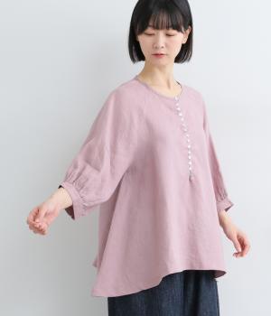 14番手リネン多ボタン7分袖ブラウス(ダスティピンク-F)