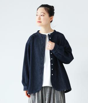 リネンコットンデニムバンド襟シャツブラウス