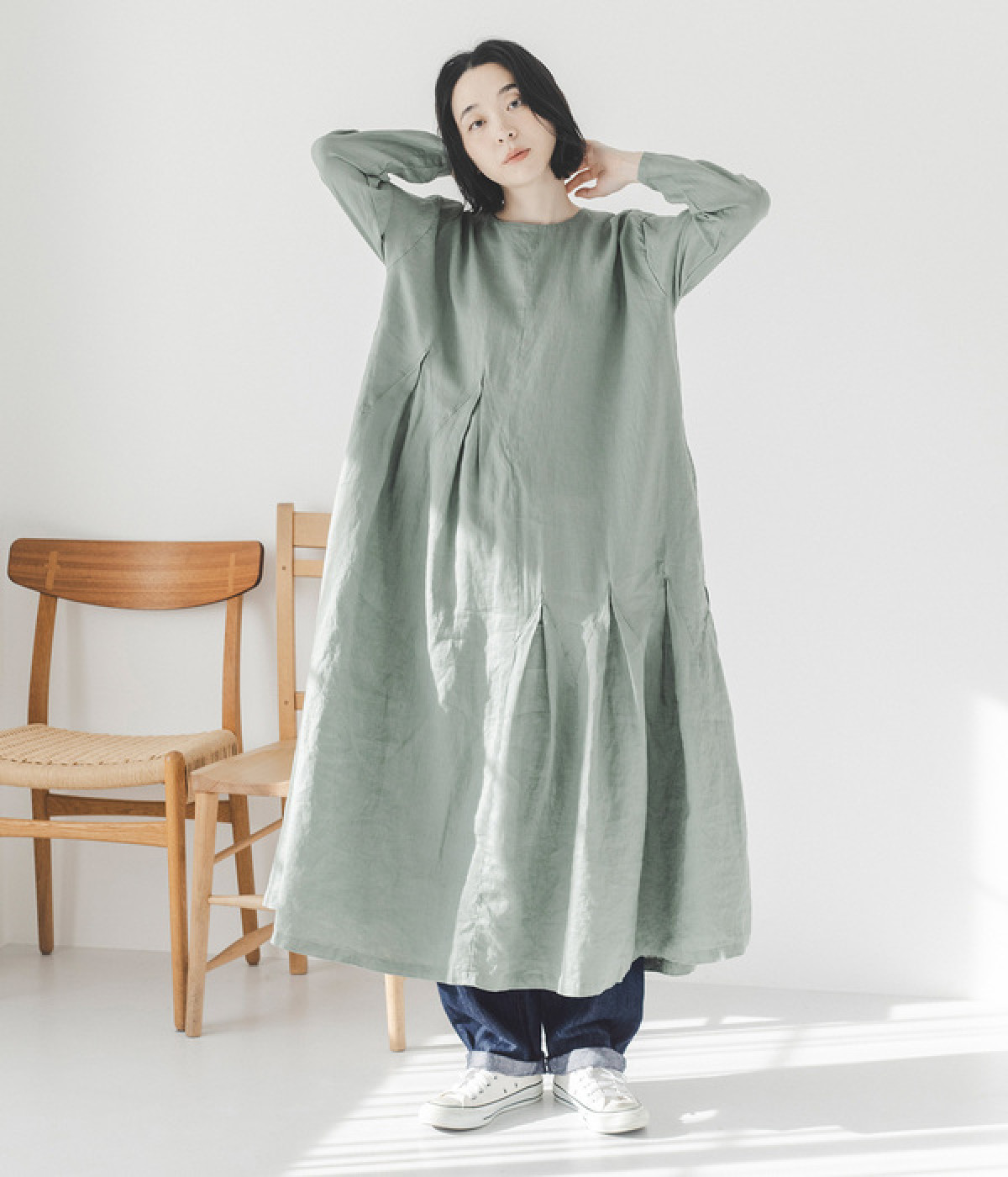 08mab リネン ワンピース アシンメトリー 一部別注｜14番手リネン アシンメトリーベルトギャザー