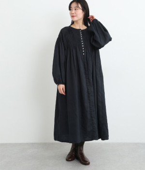 多ボタン比翼ピンタックボリュームワンピース(ネイビー-ONESIZE)