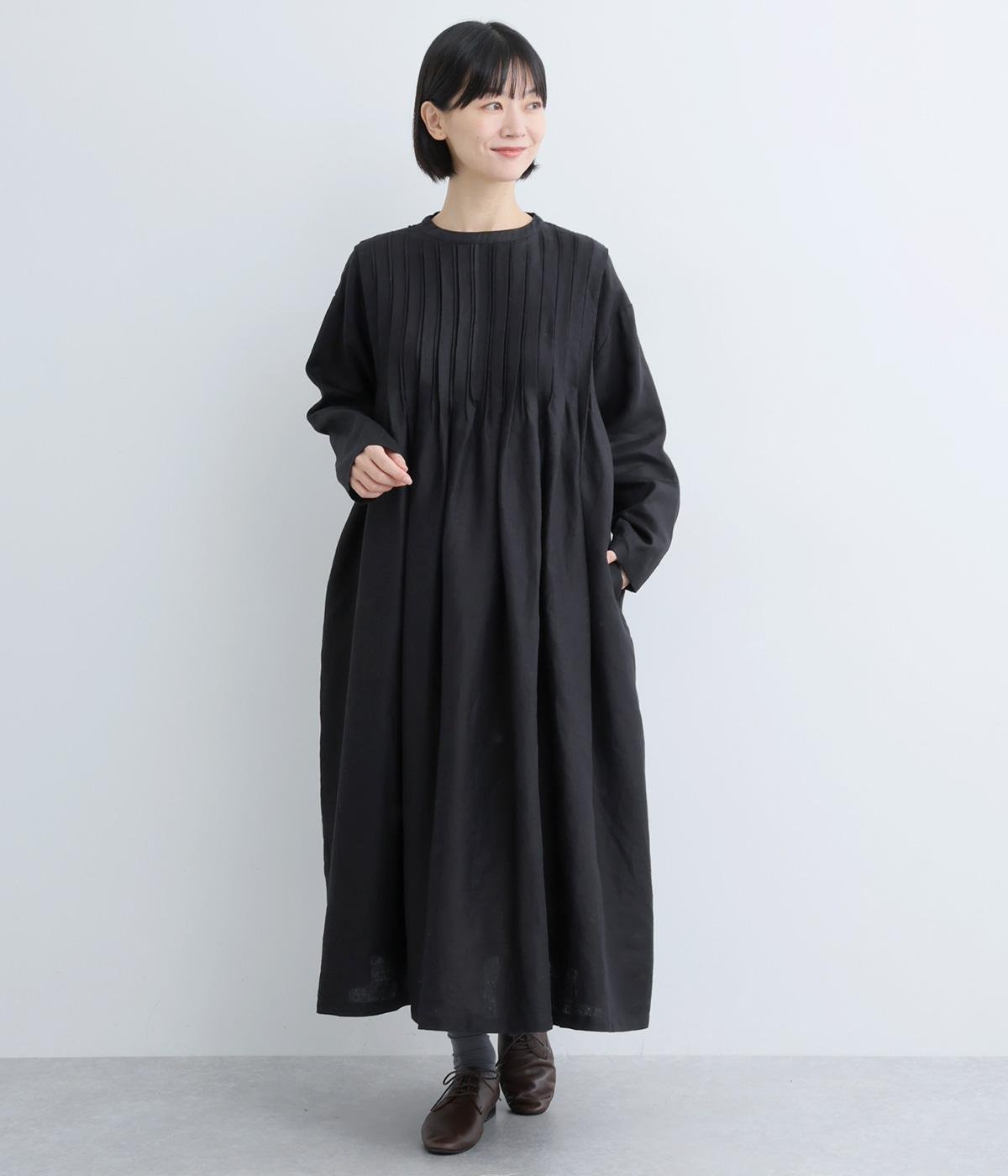 14番手リネンテレコタックワンピース(ブラック-F)