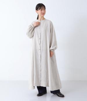 14番手リネン袖口ゴム仕様前あきワンピース
