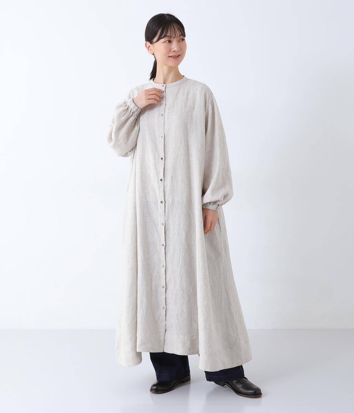 14番手リネン袖口ゴム仕様前あきワンピース(キナリ-F)