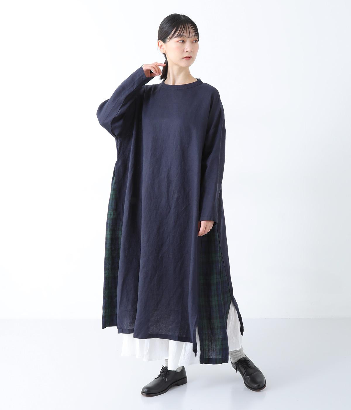 14番手リネンサイド配色切り替えワンピース(ネイビー×ブラックウォッチ-F)