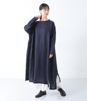 14番手リネンサイド配色切り替えワンピース(ネイビー×ブラックウォッチ-F)