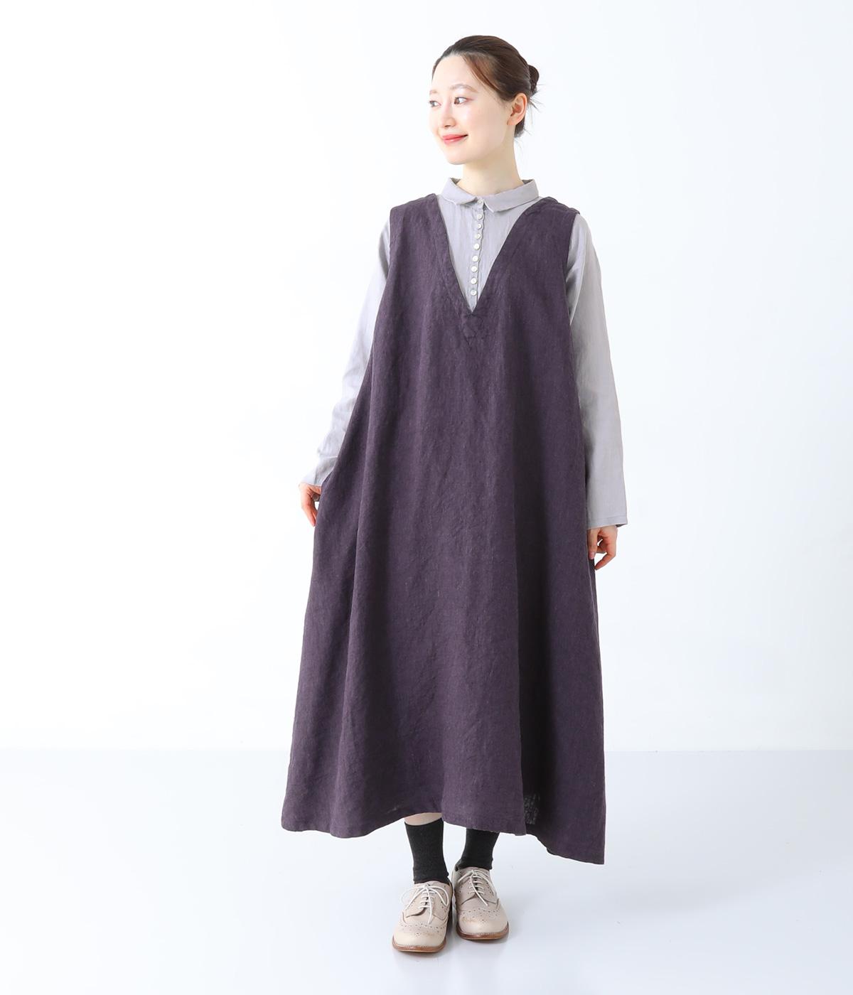 リネン重ね着風シャツワンピース(パープル×スチールグレー-F)