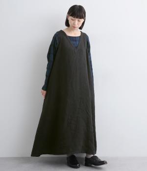リネン重ね着風ワンピース(ブラック×ネイビーチェツク-F)