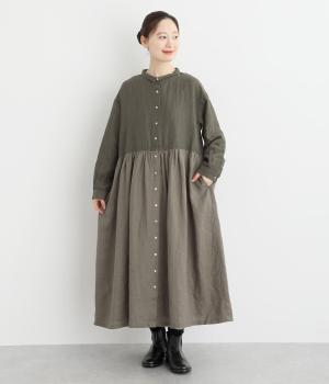 14番手リネン×9番手リネンギャザーワンピース(チャコール×チャコール-F)