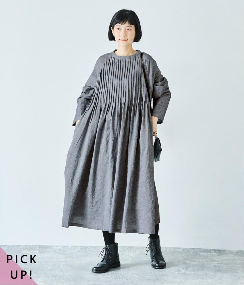 リネンコットンオックスラグラン袖ピンタックワンピース