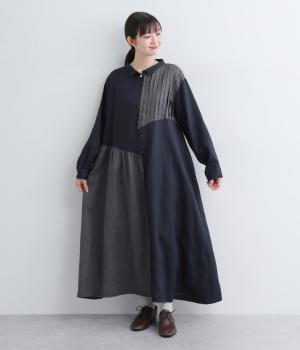 14番手リネンアシンメトリーピンタックギャザーワンピース(ネイビー×アッシュグリーン-F)