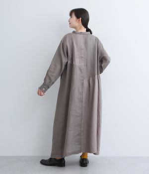 14番手リネンアシンメトリーピンタックギャザーワンピース(チャコール×アッシュグレー-F)