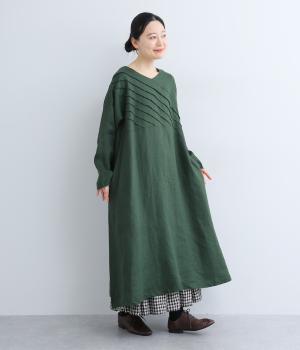 14番手リネンバイヤス切り替えワンピース(ダークグリーン-F)