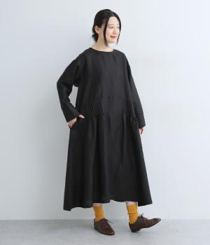 14番手リネンローウエストピンタックワンピース(ブラック-F)