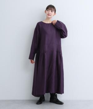 14番手リネンローウエストピンタックワンピース(パープル-F)