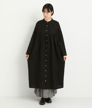 14番手リネンラグランスリーブ前あきワンピース(ブラック-F)