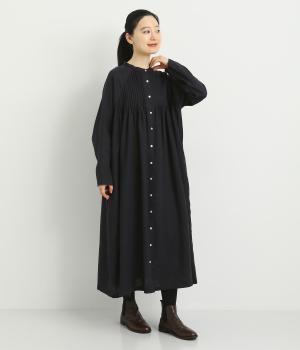 14番手リネンラグランスリーブ前あきワンピース(ネイビー-F)