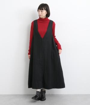 コットンリネン起毛比翼あきジャンパースカート(ブラック-F)