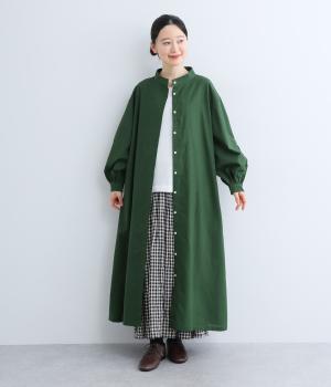 コットンリネンボリューム袖ワンピース(グリーン-F)