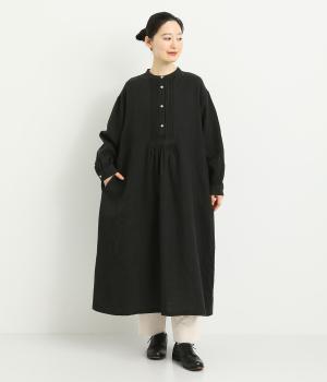 9番手リネンピンタックヘンリーワンピース(ブラック-F)