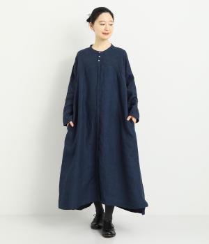 9番手リネン比翼あきドルマンスリーブワンピース(インディゴ-F)