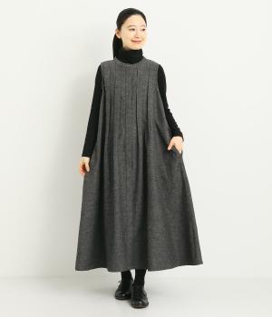 コットンリネンダブルガーゼタックノースリーブワンピース(グレー-F)