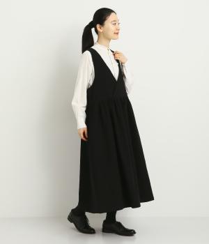 コットンリネンダブルガーゼ後ボタンジャンパースカート(ブラック-F)