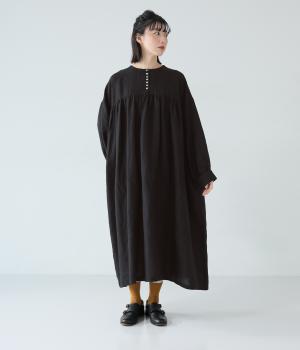 14番手リネン前ボタンギャザー切り替えワンピース(ブラック-F)